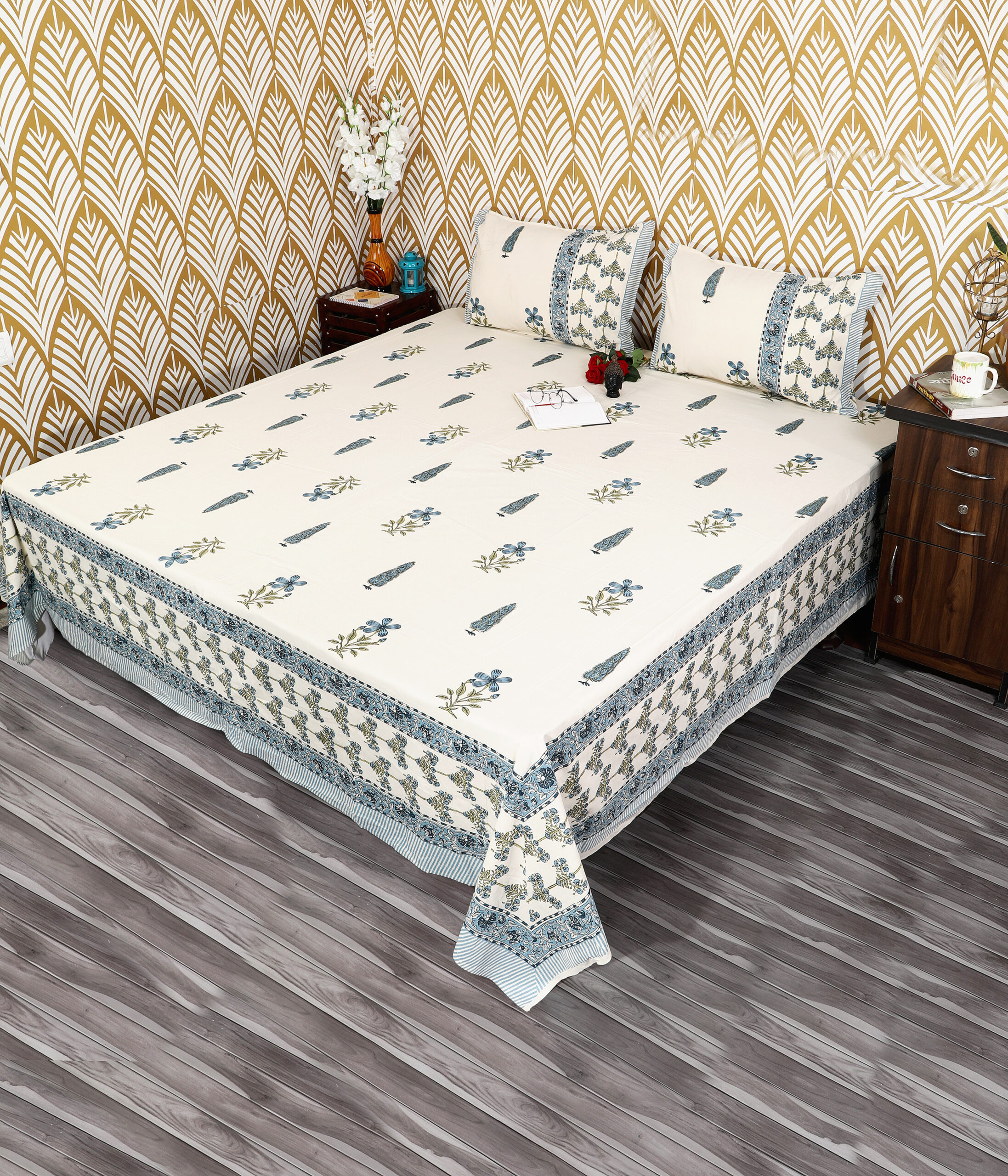 King size hand block bedsheet 2 pillow covers flap wholesale Jaipur India