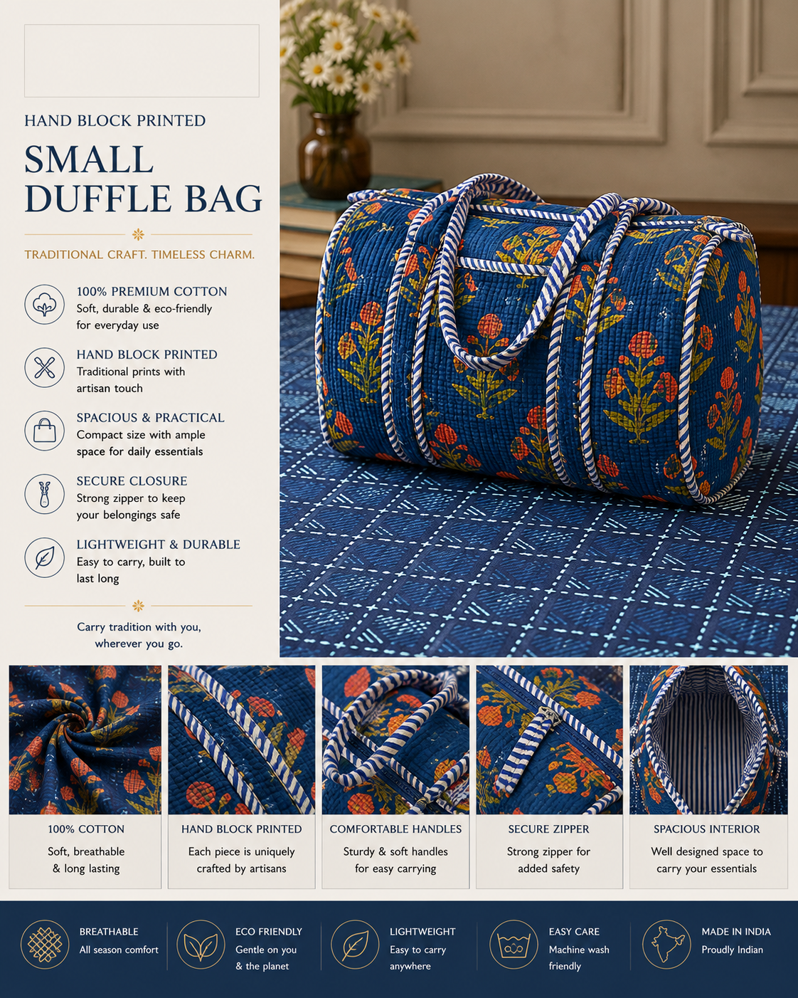 Quilted cotton duffle bag wholesale printed India Highmour