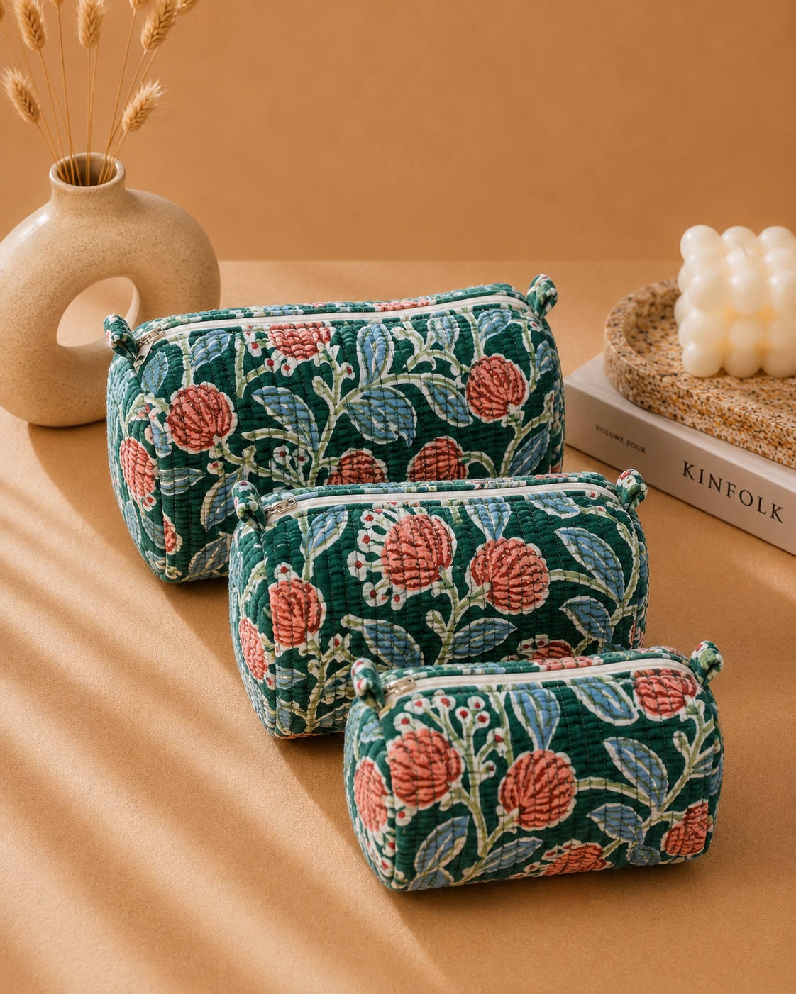 Cotton utility pouches set of 3 waterproof handmade woodblock print India