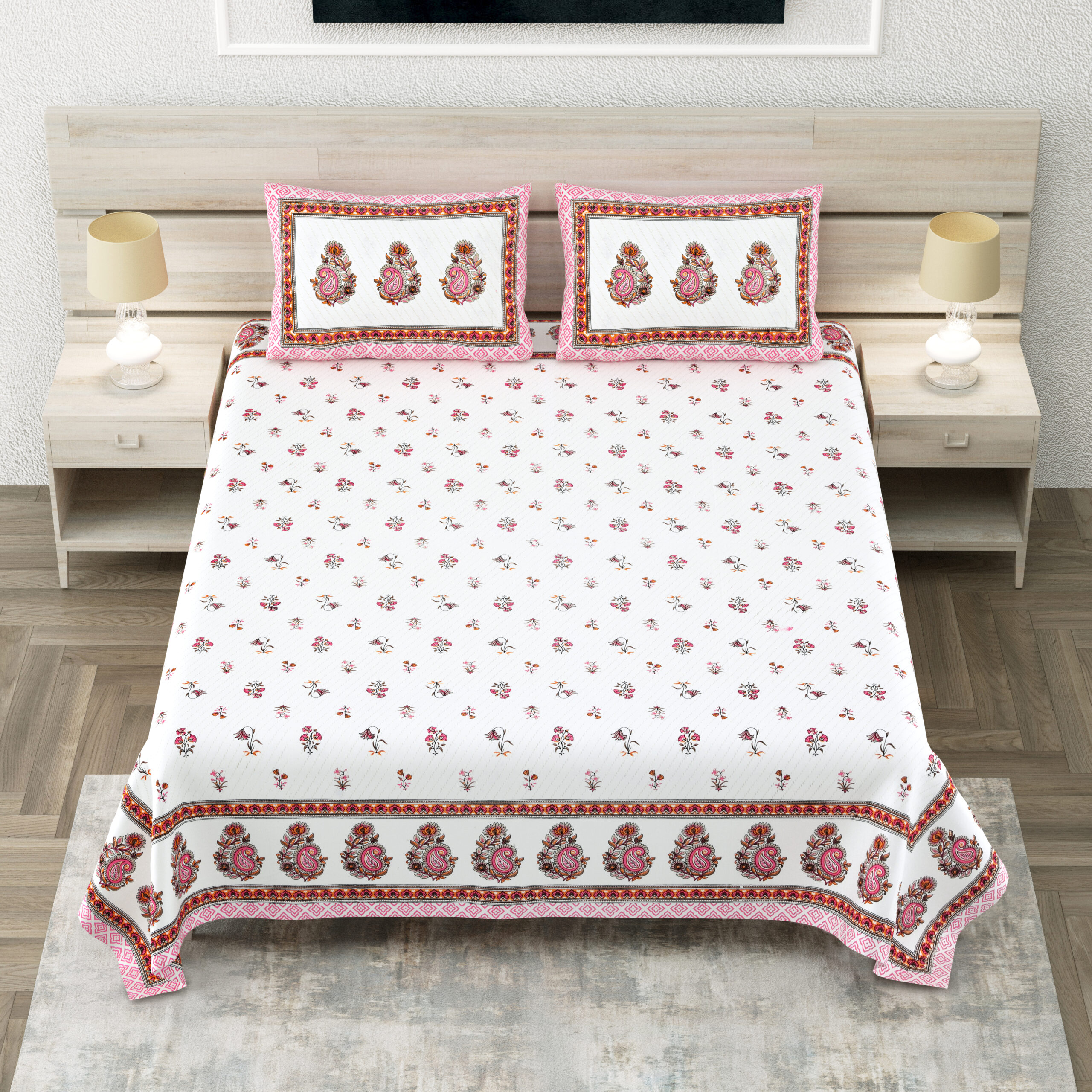 Sanganeri printed king size bedsheet wholesale India Highmour